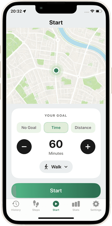 Start screen with a 40 minute walking goal